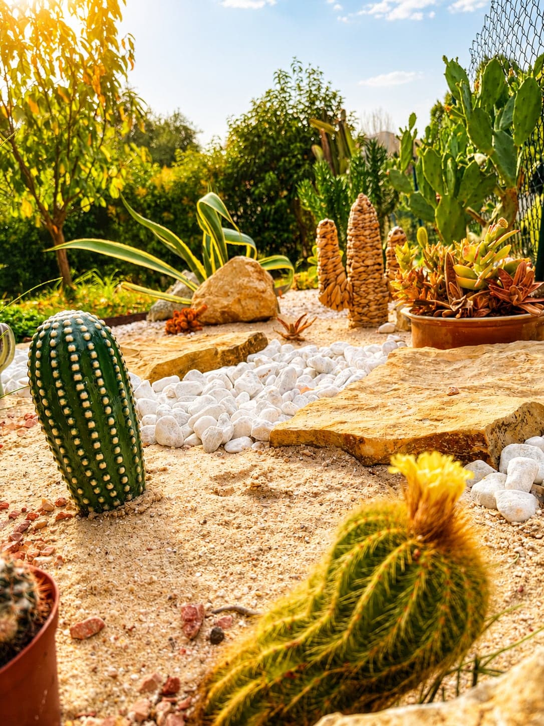 Jardin sec méditerranéen : cactus, agaves et succulentes entre galets blancs, dalles de pierre naturelle et gravier clair